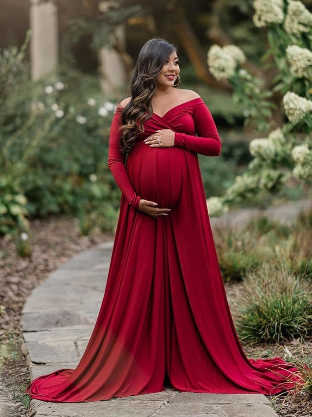 Off-Shoulder Maternity Maxi Dress in Burgundy